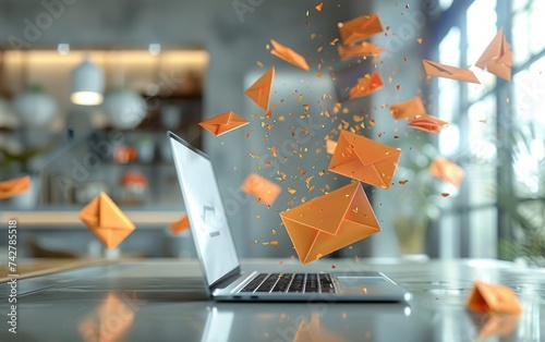 Email concept shown on a laptop used to send and receive e-mails. Email and sms marketing concept
