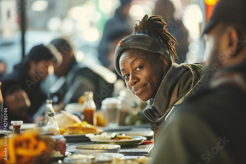 Positive homeless African American woman standing at the table in a street dining hall, surrounded by other individuals