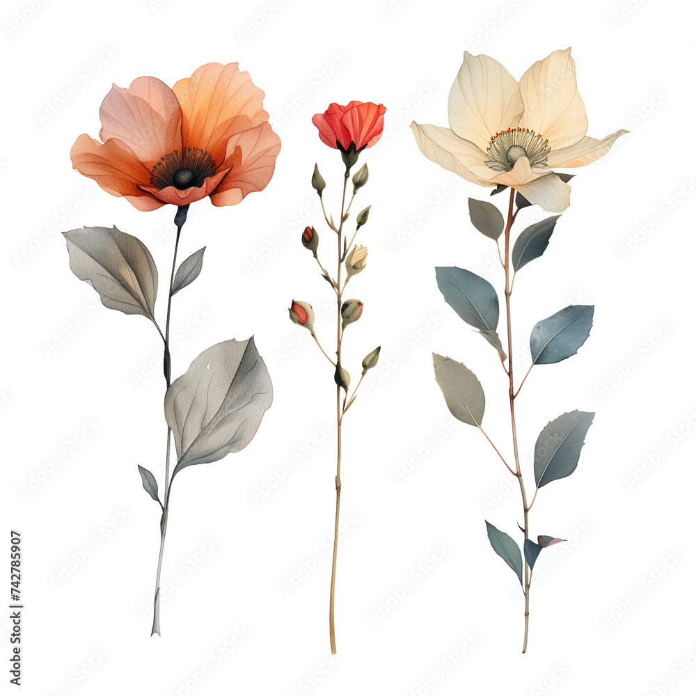 Trio of Watercolor poppys Painted Flowers in Full Bloom Against a White Background. 