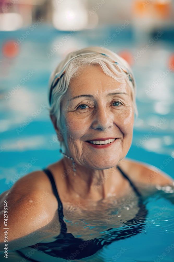 Active senior woman looking at camera and smiling after swim in indoors swimming pool
