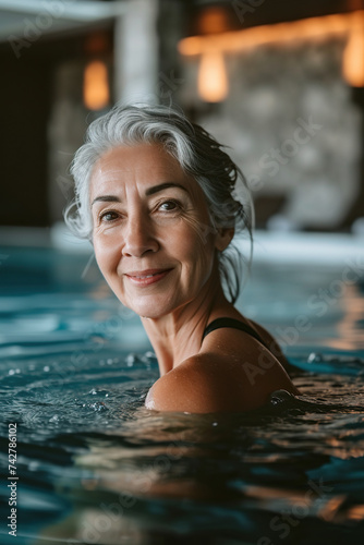 Active senior woman looking at camera and smiling after swim in indoors swimming pool