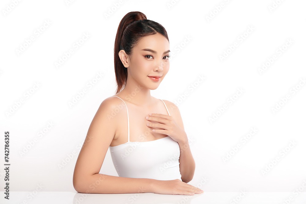 Beautiful young asian woman with clean fresh skin on white background, Face care, Facial treatment, Cosmetology, beauty and spa, Asian women portrait. Beautiful young asian woman with clean fresh skin on white background, Face care, Facial treatment, Cosmetology, beauty and spa, Asian women portrait.