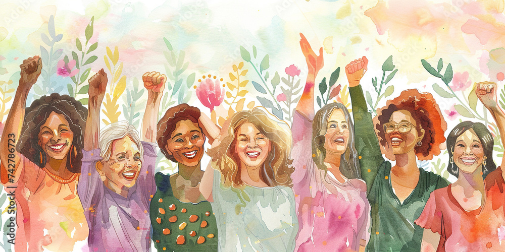 Cheerful multigenerational and multiracial women celebrating unity and felinity on women's day. Illustration in watercolor style