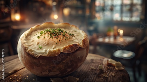 A cozy image of a thick and creamy clam chowder served in a hollowed-out sourdough bread bowl, placed on a rustic wooden table. 