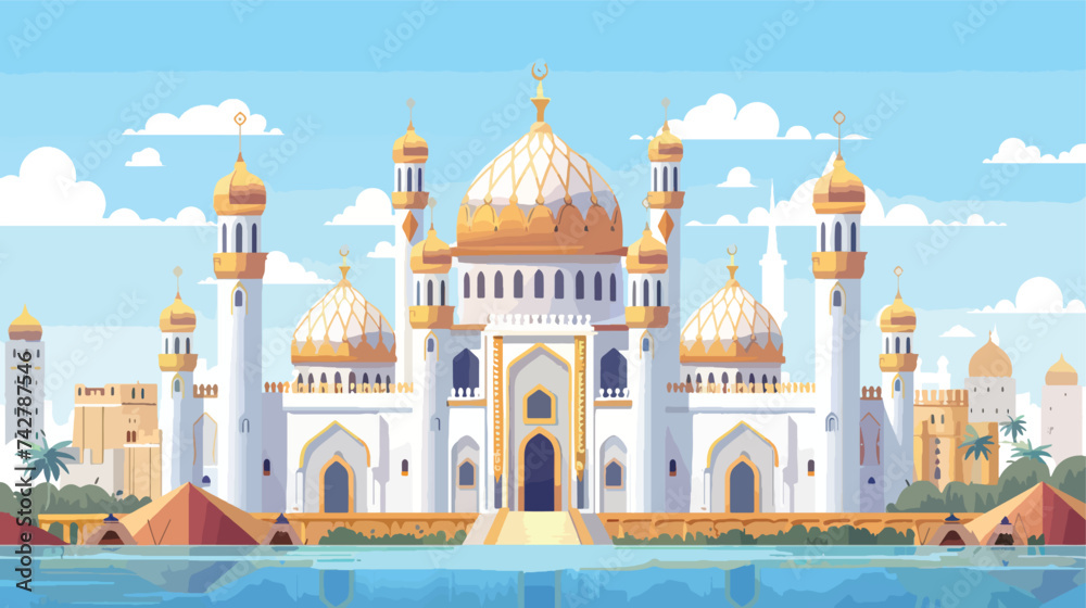 Arabian palace with white walls towers and golden - obrazy, fototapety, plakaty 