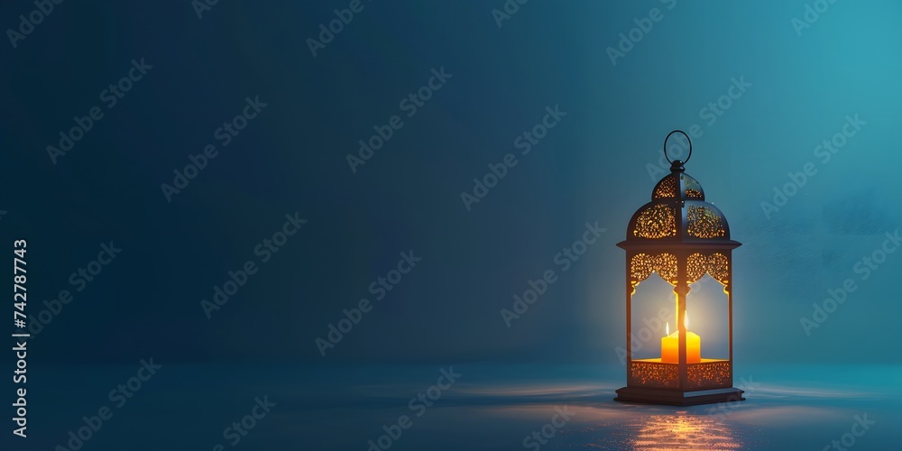 Modern Islamic holiday banner suitable for Ramadan, Raya Hari, Eid al-Adha and Mawlid. Lit lantern on a blue background with empty space