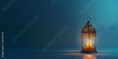Modern Islamic holiday banner suitable for Ramadan, Raya Hari, Eid al-Adha and Mawlid. Lit lantern on a blue background with empty space