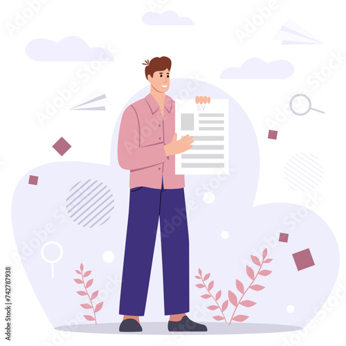 Vector illustration of a man holding a job search resume. People characters choose the best candidate for the job. HR managers are looking for a new employee. Recruitment and job search process.