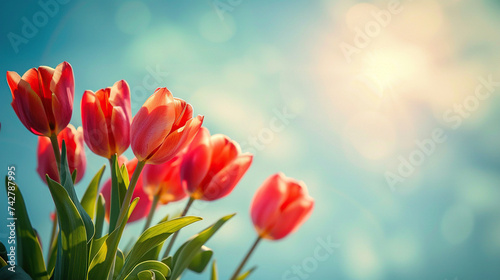 A spring background with delicate tulips flowers against blue sky