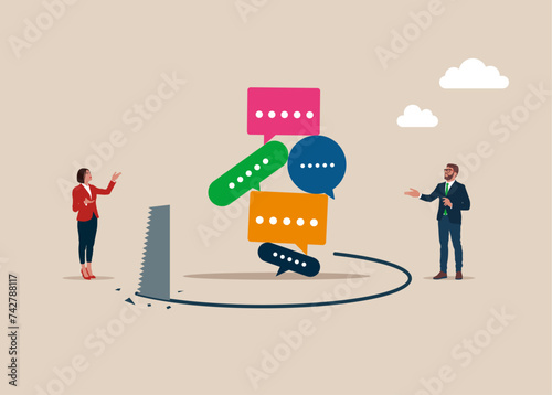 Thief sawing the floor to make speech bubbles collapse falling down. Hacking and Cyber Crime. Cyber security and phishing concept. Flat vector illustration