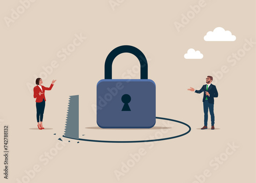Thief sawing the floor to make lock collapse falling down. Hacking and Cyber Crime. Cyber security and phishing concept. Modern vector illustration in flat style