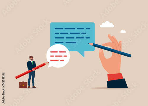 Businessmen with pencil writing message or email on speech bubbles. Urgency tasks. Writing message skill to success. Flat vector illustration.