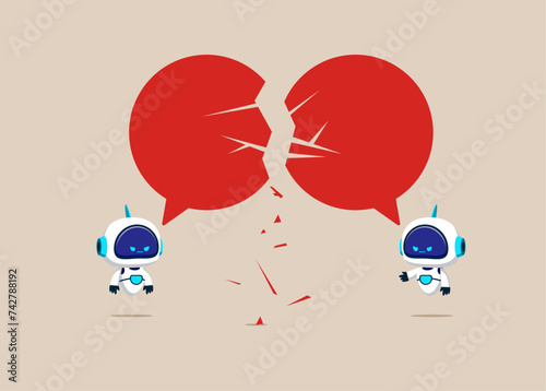 Robot communication breakdown. Symbol of misunderstanding, miscommunication, argument. Flat vector illustration
