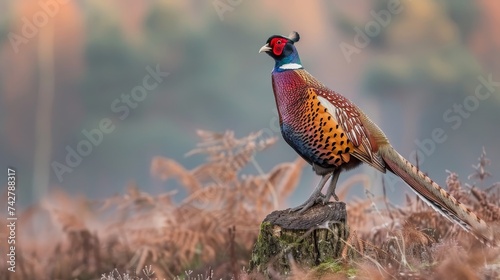 Majestic wild pheasant in natural forest habitat with blurred background and copy space for text