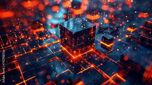 Futuristic Cubes Floating in Neon Space, Vibrant Red and Blue Light Grid, Abstract Digital Blockchain Network Concept, Modern Cyber Technology Background.