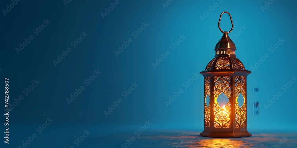 Modern Islamic holiday banner suitable for Ramadan, Raya Hari, Eid al-Adha and Mawlid. Lit lantern on a blue background with empty space Modern Islamic holiday banner suitable for Ramadan, Raya Hari, Eid al-Adha and Mawlid. Lit lantern on a blue background with empty space
