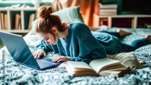 Woman studying with laptop lyng on bed photo