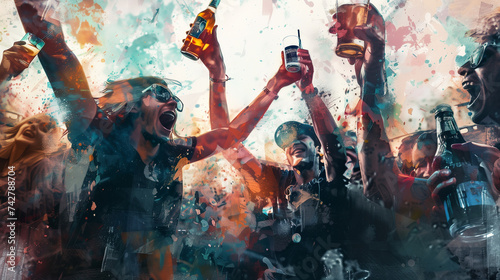 Illustration of happy, out of control, drinkers photo