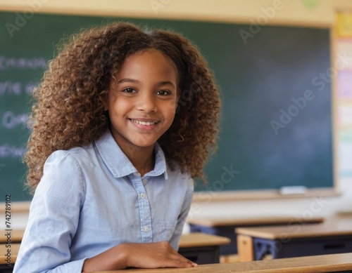 An african american teenage girl with a smile on her face in her school classroom
