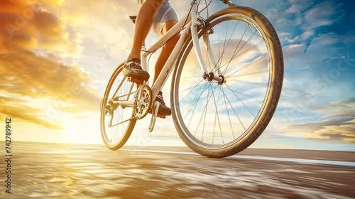 Dynamic close up of cyclist s powerful legs in a road race, highlighting athleticism and strength.