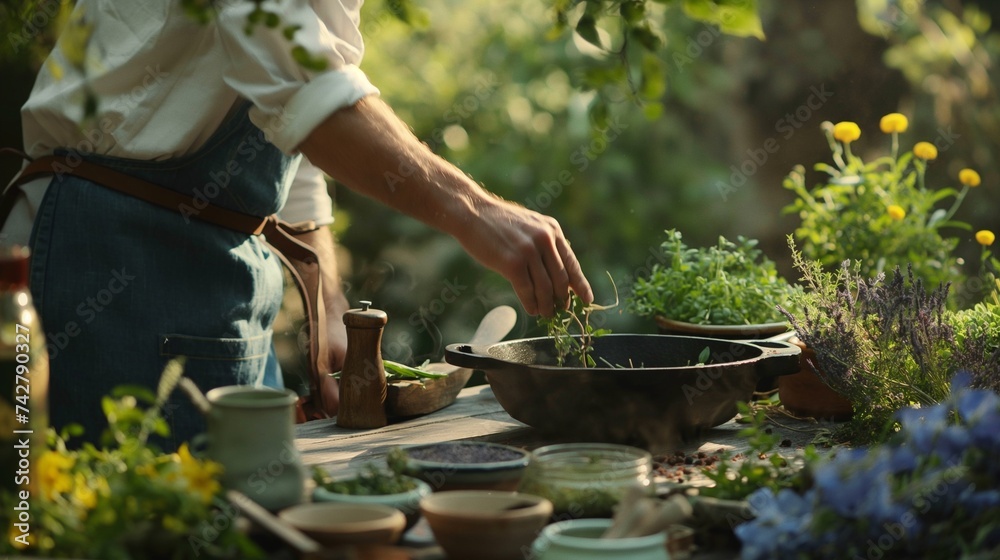 A hands-on culinary workshop taking place in a lush herb garden, where participants learn to incorporate fresh-picked herbs into their cooking. A hands-on culinary workshop taking place in a lush herb garden, where participants learn to incorporate fresh-picked herbs into their cooking.