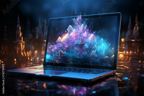Laptop with glowing crystals on screen, concept of digital magic