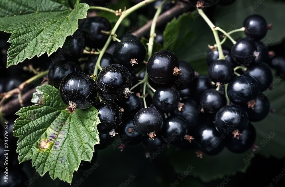Close-up of juicy blackcurrants on a branch with detailed green leaves. Close-up of juicy blackcurrants on a branch with detailed green leaves.