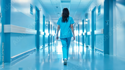 Nurse walking down hospital corridor. Generative AI