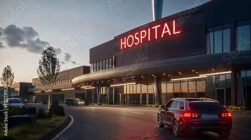 Dusk view of modern hospital facade and entrance. Generative AI