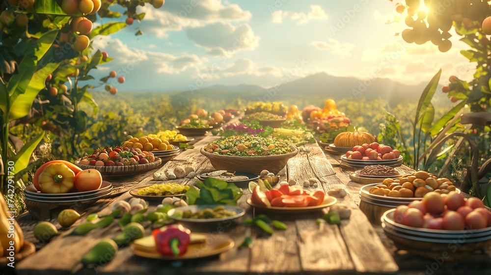 A long wooden table set outdoors amidst rolling farmland, laden with dishes that showcase vibrant, fresh produce straight from the farm. Sunlight bathes the scene, highlighting the natural colors  