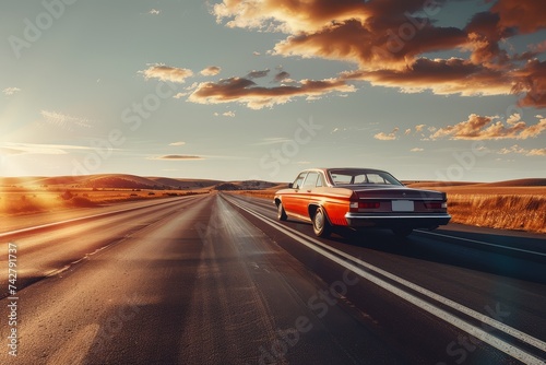 Vintage red and white car driving on an open road at sunset