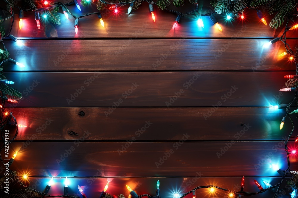 Festive Christmas lights framing a dark wooden background.