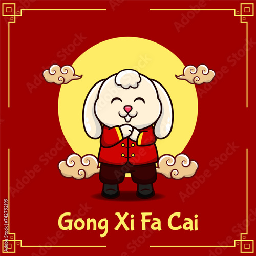 Cute bunny saying gong xi fa cai. Vector illustration for chinese new year.