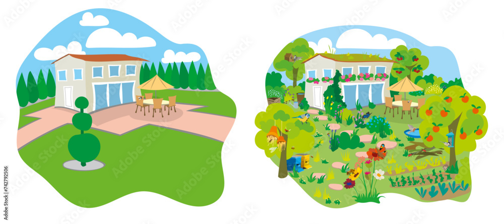 Fototapeta premium Illustration of an insect-unfriendly garden compared with a garden that creates a habitat for insects