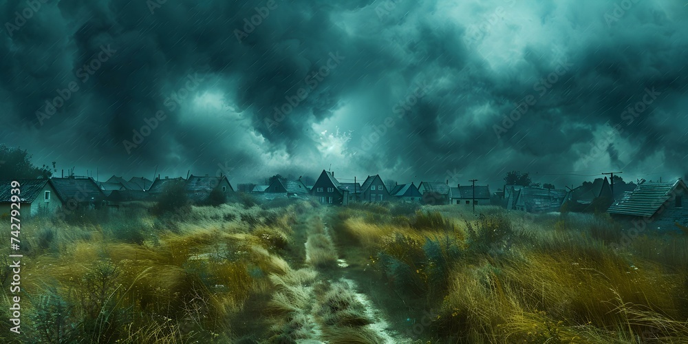 Dramatic scene tornado threatens houses surrounded by grass fields under stormy clouds. Concept Nature, Dramatic, Tornado, Storm, Destructive