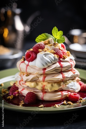 raspberry and pistachio pavlova; dessert photography; best for banners, flyers, and posters