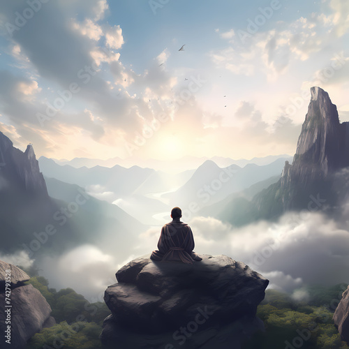 A person meditating on a serene mountaintop. © Cao