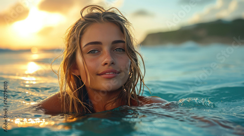 beautiful blonde tan surfer california woman is swimming in the clear green ocean water  © kora