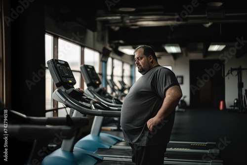 An overweight man is standing on a treadmill in a gym.