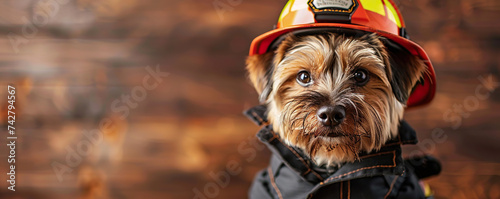 A cute dog in a firefighter's uniform on a brown studio background