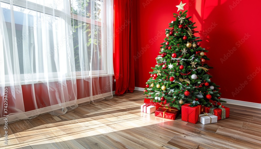 Festive christmas tree and gifts in modern minimal red living room interior with copy space