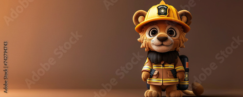 A cute Lion in a firefighter's uniform on a brown background