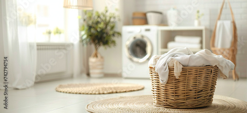 A basket of dirty clothes in a laundry room with a washing machine in the background. Laundry and household cleaning concept.