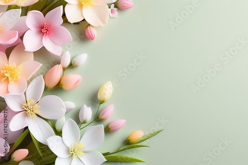 Beautiful spring flowers on pastel green background with copy space.