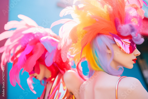 Colorful Carnival Costume: Woman Dressed in Pink and Red Feathers and Mask.