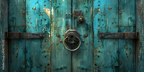 A weathered rustic wooden door adorned with a classic lock and handle. Concept Photography, Vintage, Rustic, Wooden Door, Classic Lock
