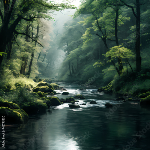 A serene river flowing through a forest.