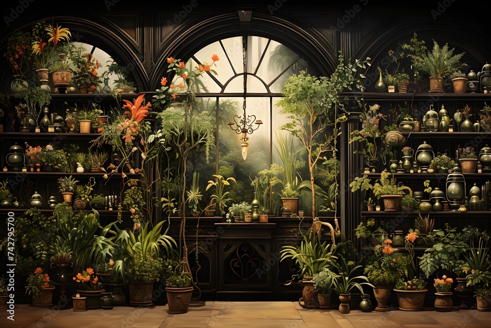 A flower shop with a variety of pots and plants in a warm atmosphere. - obrazy, fototapety, plakaty 