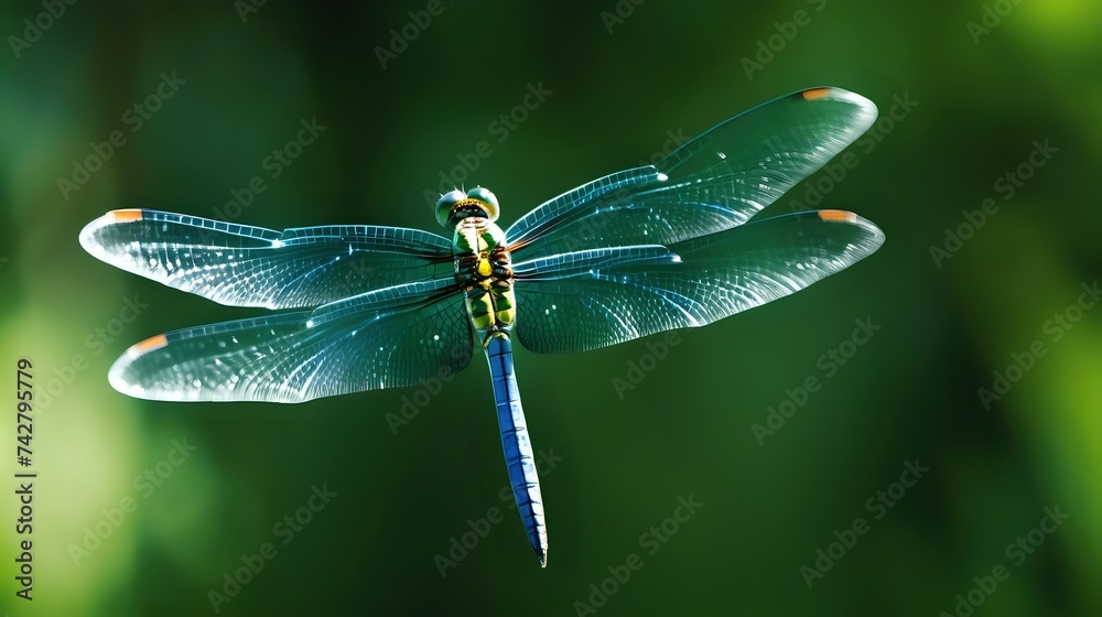A dynamic shot of a dragonfly in mid-flight, with its wings frozen in motion A dynamic shot of a dragonfly in mid-flight, with its wings frozen in motion