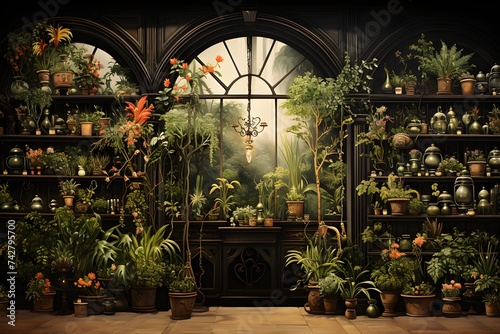 A flower shop with a variety of pots and plants in a warm atmosphere. photo